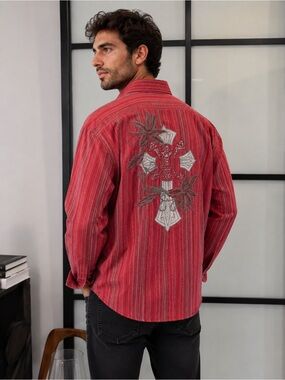 Men's Red Long-Sleeve Embroidered Button-Up Shirt L